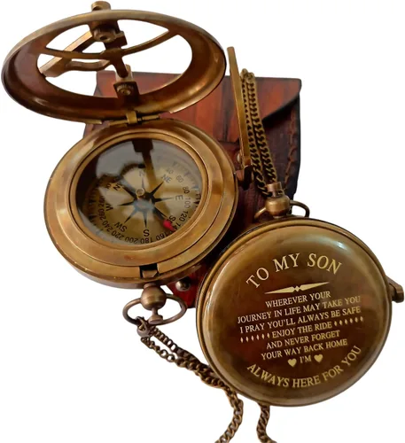 Vista 8 de Brújula con reloj de sol personalizado con estuche de cuero, regalo para hijo, regalo para mi hijo, regalo de mamá a hijo, regalo de papá a hijo