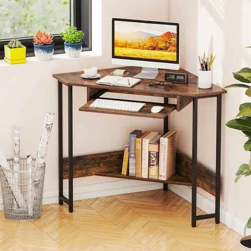 Vista 4 de Tangkula Escritorio esquinero con bandeja para teclado, escritorio de esquina triangular de 90 grados para espacio pequeño, escritorio industrial