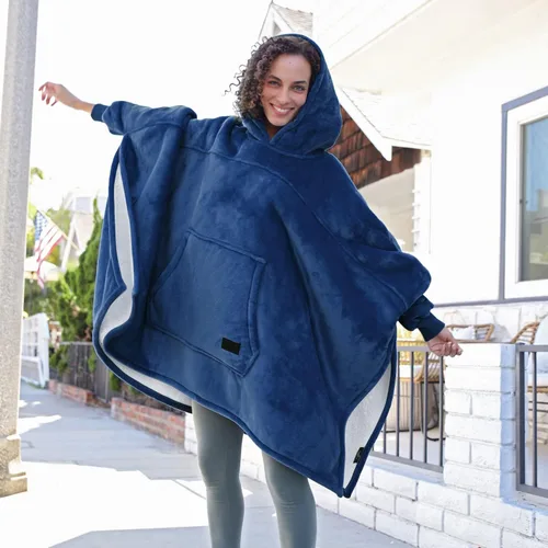 Vista 3 de Catalonia Poncho de sudadera con capucha de gran tamaño, capa casual con capucha, abrigo de murciélago, sherpa esponjoso, cómodo, espacioso