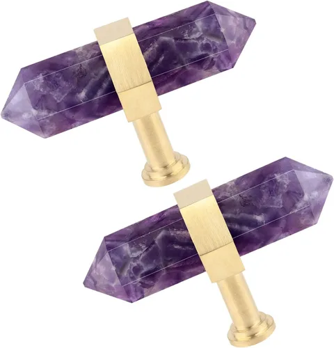 Vista 18 de TUMBEELLUWA Paquete de 2 pomos de cristal de obsidiana negra con tornillos, tiradores hexagonales de latón cepillado para cocina y decoración