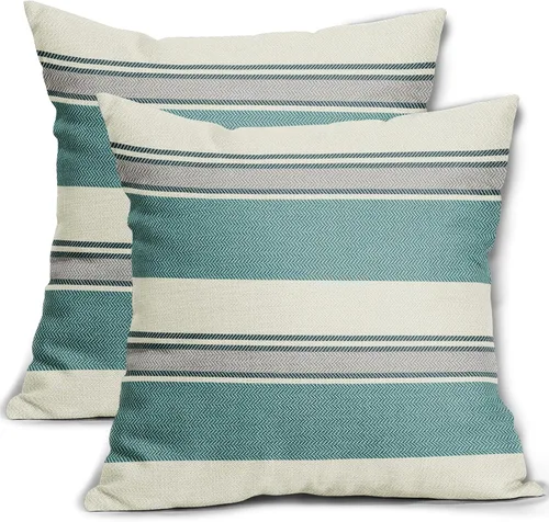 Vista 18 de Juego de 2 fundas de almohada a rayas negras y marrones de 16 x 16 pulgadas, diseño de rayas bohemias con estampado de rayas color crema, fundas
