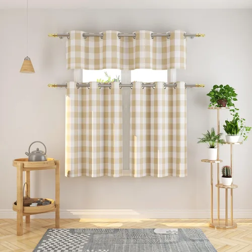Vista 5 de Cortinas de 24 pulgadas de largo con diseño Buffalo Check Gingham Plaid para ventanas de cocina y baño, tratamiento para ventanas con 2 paneles