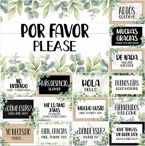 Vista 12 de gisgfim Juego de 16 pósteres de palabras y frases en español, tablero de anuncios, estudio y decoración de aula (Boho)