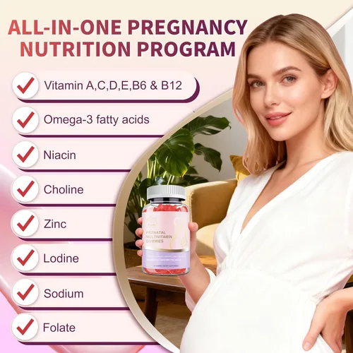 Vista 4 de Gomitas multivitamínicas prenatales para mujeres, ácido fólico, DHA y más, apoyo para el bienestar del embarazo y el desarrollo del bebé, sabor