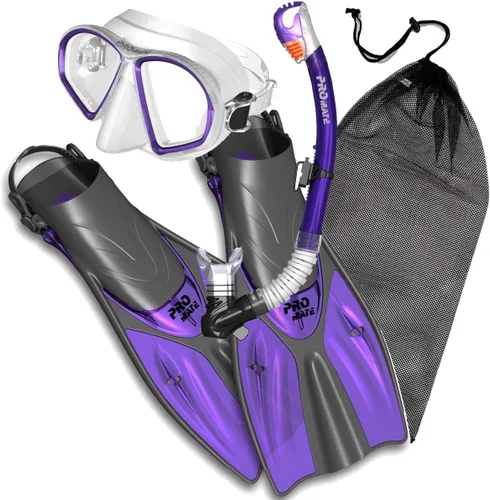 Vista 10 de Promate Juego de esnórquel, máscara de aletas de esnórquel y bolsa de equipo de snorkel seco para adultos y jóvenes, juego de esnórquel