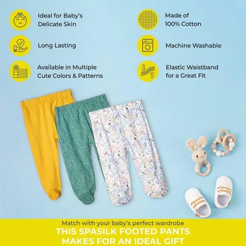 Vista 7 de Spasilk Paquete de 3 pantalones de algodón de poner con pies para bebés niños Selva verde