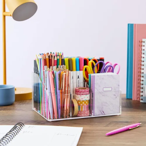 Vista 2 de Bright Creations Organizador de escritorio acrílico con 7 compartimentos, transparente, 8.7 x 6.5 x 4.52 pulgadas, organizador de escritorio de 7