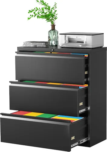 Vista 10 de Pataku Archivador lateral, archivador de 2 cajones con cerradura, archivadores negros para oficina en casa, archivador de metal para colgar