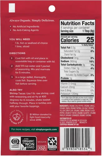 Vista 2 de Simply Organic Mezcla de condimentos para tacos de pescado, sin gluten, certificado orgánico, kosher, sabor puro para tacos, salteados, platos