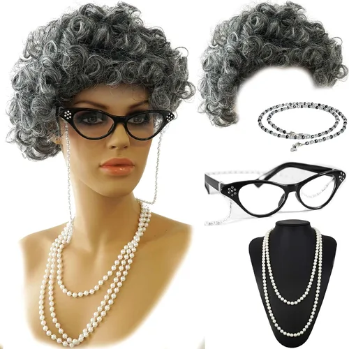 Vista 2 de Vibe - Conjunto de disfraz de peluca de anciana con collar de perlas, gafas, accesorios de cadena de vidrio, 5 piezas en total