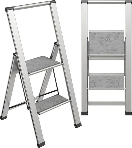 Vista 10 de Escalera de Peldaños de 1 Escalón Plegable, Decorativa - Hermosa Madera Gris y Aluminio Negro, Perfil Ultra Delgado, Peldaños Antideslizantes