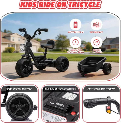 Vista 6 de Triciclo eléctrico de 12 V para niños, bicicleta para niños pequeños con estructura triangular estable, asiento ajustable, ruedas anchas de EVA Negro