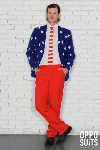 Vista 5 de OppoSuits Traje de bandera estadounidense para hombre, traje de Estados Unidos para el 4 de julio con chaqueta roja, blanca y azul, pantalones