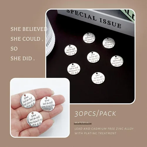 Vista 3 de JIALEEY 30 dijes de aleación con texto en inglés «She believed she could so she did» («She believed she could so she did») para manualidades