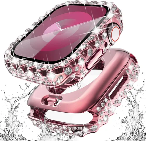 Vista 13 de Surace - Carcasa impermeable 2 en 1 para Apple Watch Series 6, 5, 4, SE de 1.575 pulgadas Lace Edge Diamond Protective Bumper Cover Built-in