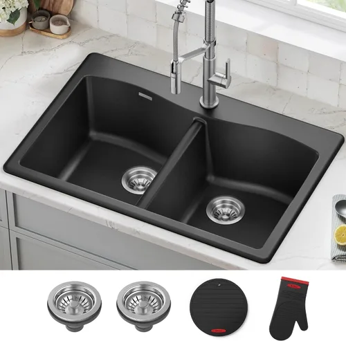 Vista 9 de Kraus Forteza - Fregadero de cocina de doble seno 50/50 de granito de instalación empotrada/sobre encimera, 33 pulgadas, color negro (KGD-52BLACK)