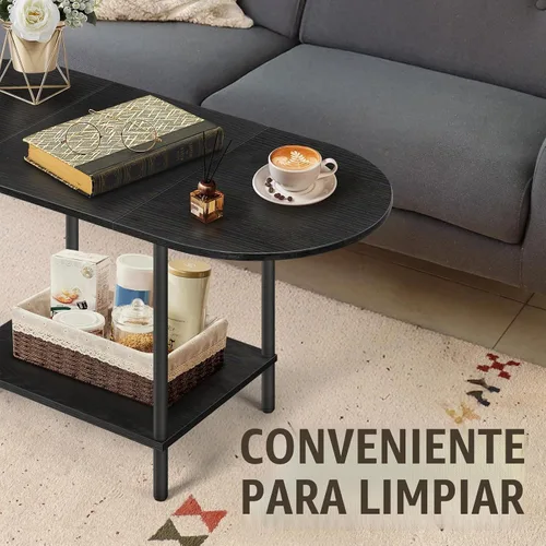 Vista 7 de Mesas de café negras para sala de estar, mesa de centro oval pequeña de mediados de siglo con estante de almacenamiento y tablero de madera, mesa