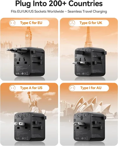 Vista 2 de ORICO Adaptador de viaje universal con 2 CA 2 USB-C y 1 conector USB-A, adaptador de corriente internacional PD 20W, cargador de pared esencial