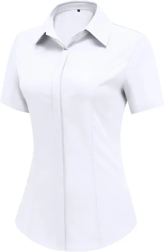 Vista 11 de HOTOUCH Camisas de manga corta con botones para mujer, blusa con cuello ajustado, blusa básica de verano para oficina, tallas S-2XL