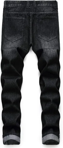 Vista 2 de Pantalones rajados para hombre, de mezclilla, ajuste regular, pierna acampanada, de corte entallado, con agujeros, pantalones de hombre de mezclilla