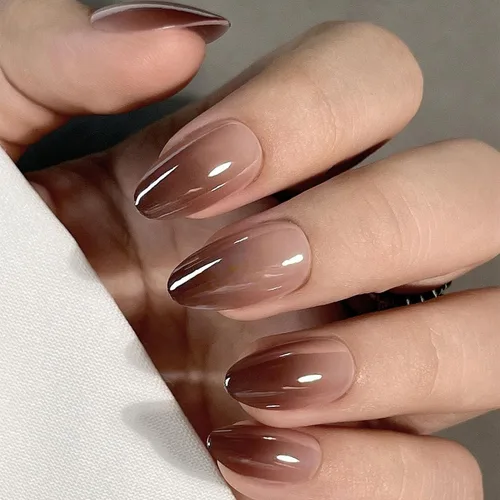 Vista 4 de Paquete de 6 uñas postizas a presión con forma de almendra media, uñas postizas acrílicas de cobertura completa con diseños de cromo rosa francés