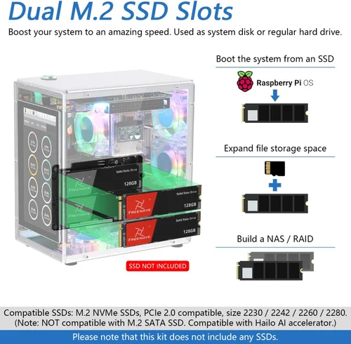 Vista 3 de FREENOVE Kit de Caja Pro para Raspberry Pi 5, Ranuras Dual M.2 NVMe SSD, 5 Ventiladores PWM ARGB Light Sync, Enfriador de Torre de CPU, Pantalla