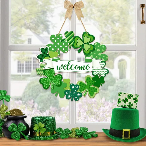 Vista 6 de Letrero colgante de madera de trébol del día de San Patricio, tréboles, adorno irlandés de la suerte, corona de madera para fiesta del día de San
