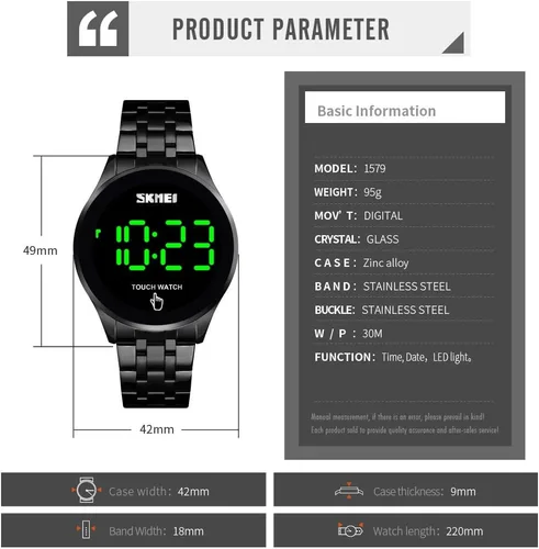Vista 7 de PASOY Reloj digital LED con pantalla táctil, retroiluminación verde, acero inoxidable, impermeable, casual, deportivo, para hombres, mujeres y niños