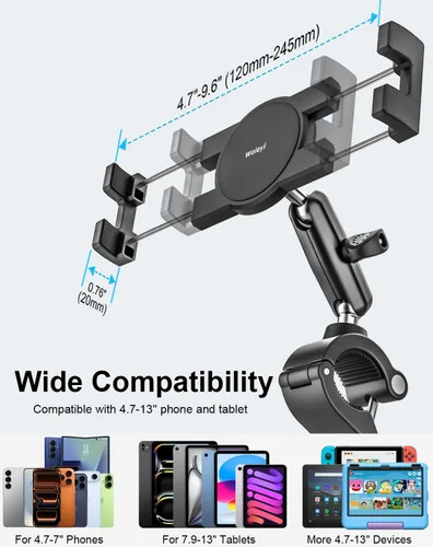Vista 6 de Soporte para tableta de bicicleta, soporte para tableta de motocicleta con brazo de metal, abrazadera de bicicleta con ajuste de 360 grados