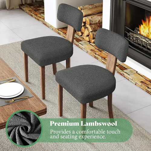 Vista 4 de AMERLIFE Juego de 2 sillas de cocina, sillas Boucle con respaldo y asiento curvados tapizados, marco de madera dura de estilo moderno, color gris