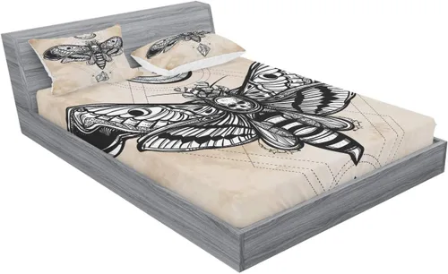 Vista 2 de Ambesonne Juego de sábanas bajeras y fundas de almohada de fantasía, diseño de calavera mágica de luna y piedra, diseño de calavera mágica de cabeza