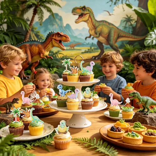 Vista 7 de 40 piezas de dinosaurios comestibles para cupcakes, huevos de dinosaurio volcán, palillos de cupcakes, lindos dinosaurios, selecciones de comida