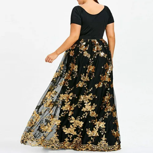Vista 3 de Vestido de malla de manga corta para mujer, floral, para fiesta, noche, con lentejuelas, cuello en V, talla grande, vestidos de corbata para mujer