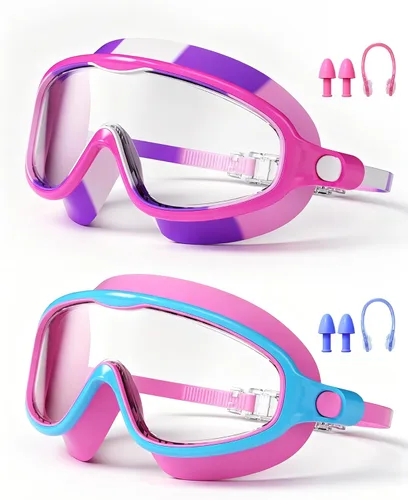 Vista 12 de Gafas de natación para niños de 3 a 15 años con tapones para los oídos, marco grande, gafas de natación antivaho/UV para niños, niñas y bebés, 2