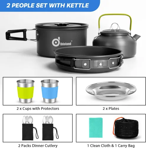 Vista 4 de Odoland 15pcs Camping Cookware Mess Kit, Non-Stick Lightweight Pot Pan Kettle Set with Stainless Steel Cups Plates Forks Knives Spoons for Camping