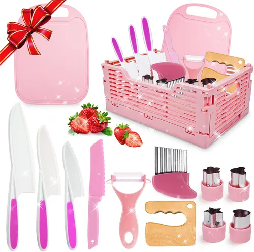 Vista 10 de 9 piezas de juego de cuchillos seguros para niños para cocina real, juego de cuchillos de cocina para niños con tabla de cortar, cortador