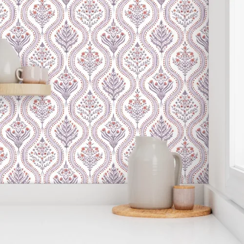 Vista 8 de Despegar y pegar papel tapiz Muestra, damasco botánico, elegante, jardín, lila, rojo quemado, escala media, Grandmillenial Ogee Papel pintado