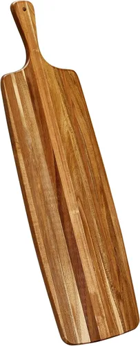 Vista 11 de Tabla de cortar redonda de madera de acacia con asa - Tabla de charcutería de madera, tabla de cortar y servir versátil para pizza, pan, queso
