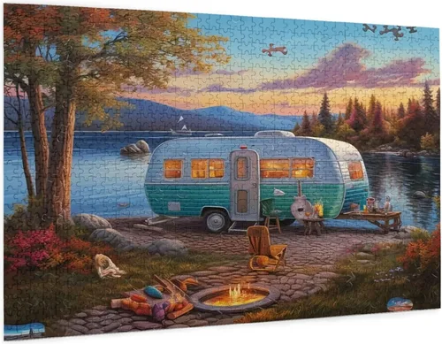 Vista 10 de Rompecabezas de 500 piezas para adultos, familias, camping, coche, junto al lago, fogata, formación de madera, entretenimiento, decoración