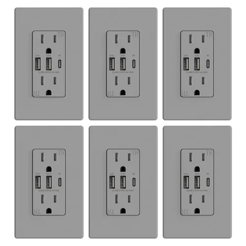Vista 13 de ELEGRP Tomacorrientes USB, toma de pared de 3 puertos, toma eléctrica de 30 W 6.0 A resistente a manipulaciones, toma de corriente de 15 amperios