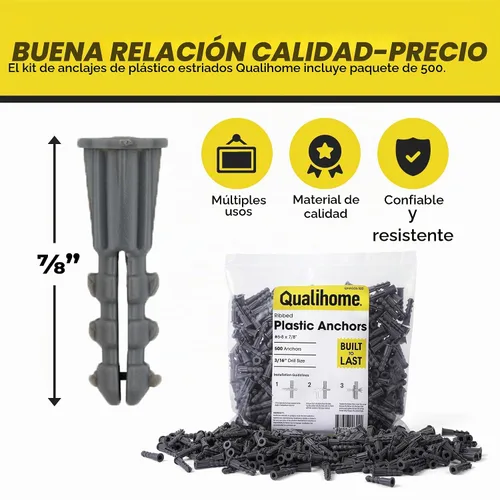 Vista 6 de Anclajes de yeso de plástico acanalados Qualihome - Anclajes de pared para paneles de yeso - Anclajes de tornillo de plástico para paneles de yeso