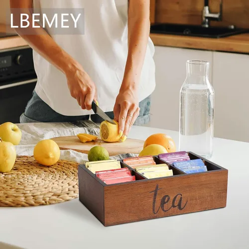 Vista 7 de LBEMEY - Organizador de bolsas de té, recipientes de almacenamiento de té de madera con 6 compartimentos, soporte para paquetes de azúcar, caja