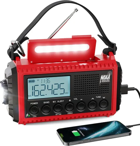 Vista 9 de Raynic - Radio meteorológica NOAA, radio de emergencia solar con manivela de 5000 mAh/18 500 mWh, radio portátil a batería con AM/FM/SW/NOAA