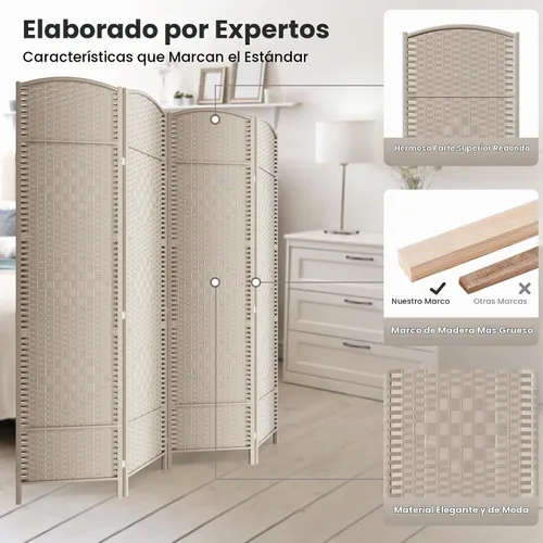 Vista 2 de Divisor de habitación plegable, pantalla de privacidad de madera, 4 paneles, beige