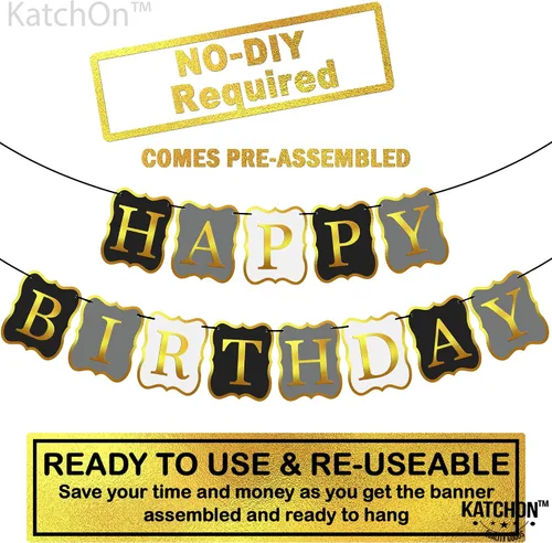 Vista 2 de KatchOn, Cartel de feliz cumpleaños negro y dorado, 10 pies, NO DIY, telón de fondo de feliz cumpleaños, decoraciones de feliz cumpleaños