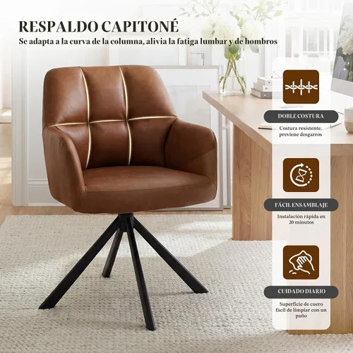 Vista 6 de EALSON Cómoda silla de escritorio de cuero, moderna silla de trabajo para computadora, sin ruedas, silla giratoria con brazo de respaldo medio
