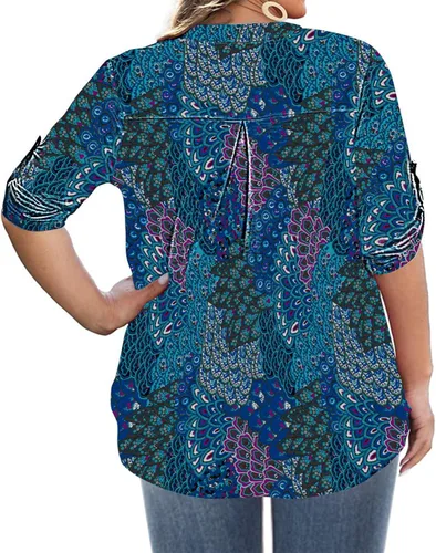 Vista 2 de AMCLOS Camisetas de talla grande para mujer, cuello en V, estilo casual, suave, fluido, manga larga con botones