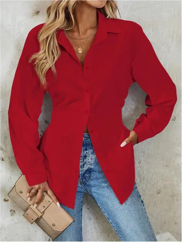Vista 3 de WDIRARA Blusa de manga larga con botones para mujer, ajustada, con cuello, casual, para el trabajo