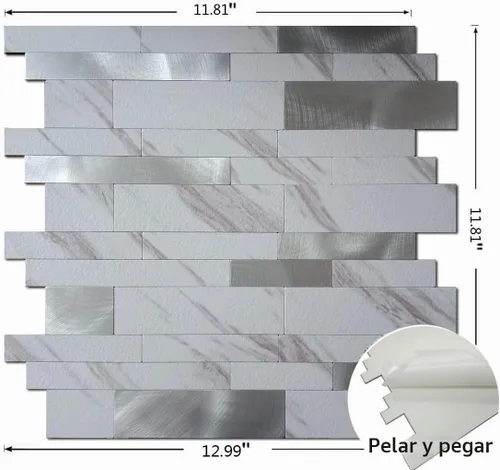 Vista 2 de XUANINY 10 hojas de azulejos metálicos despegar y pegar para protector contra salpicaduras, autoadhesivos de aluminio 3D, adhesivos de pared