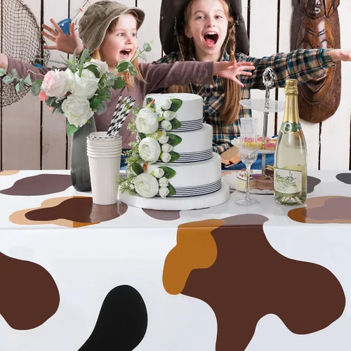 Vista 6 de Buryeah Mantel rectangular de plástico para mesa de vaca, 3 piezas, mantel de fiesta de granja de animales, mantel de vaca negra y blanca, mantel